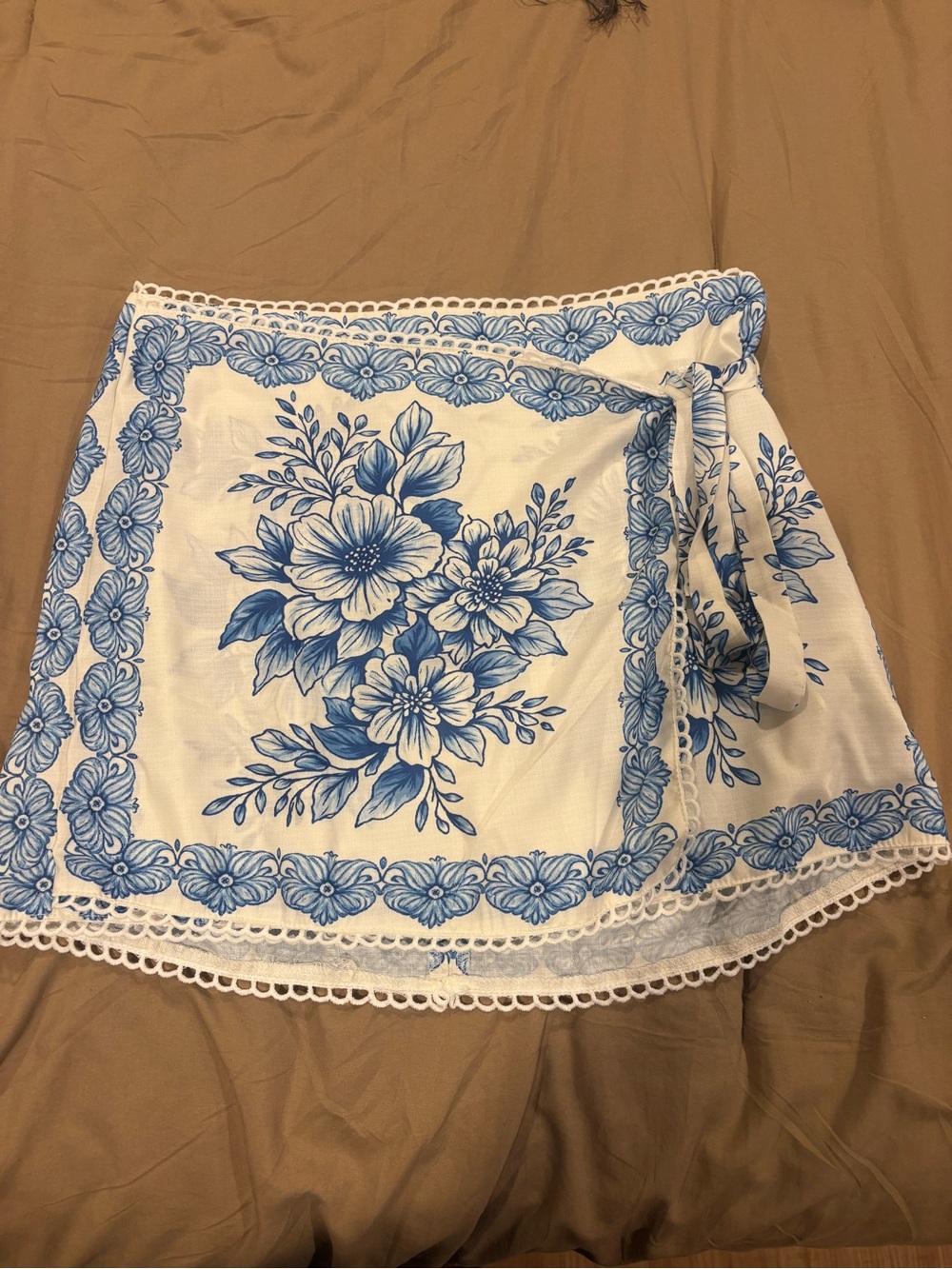 SHEIN White Mini Skirt with Blue Floral Tie Waist